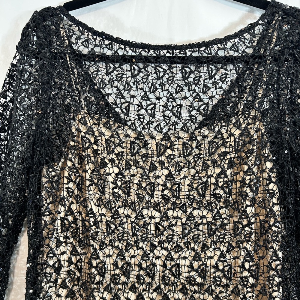 Kay Unger Black and Beige Cocktail Dress Black Lace/Tiny Sequins Size 10 - Picture 3 of 13